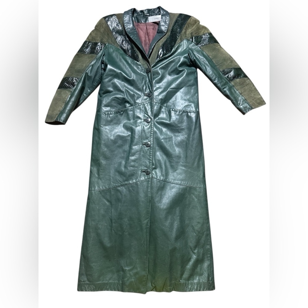 Vintage green leather trench coat, small/medium - Picture 2 of 13